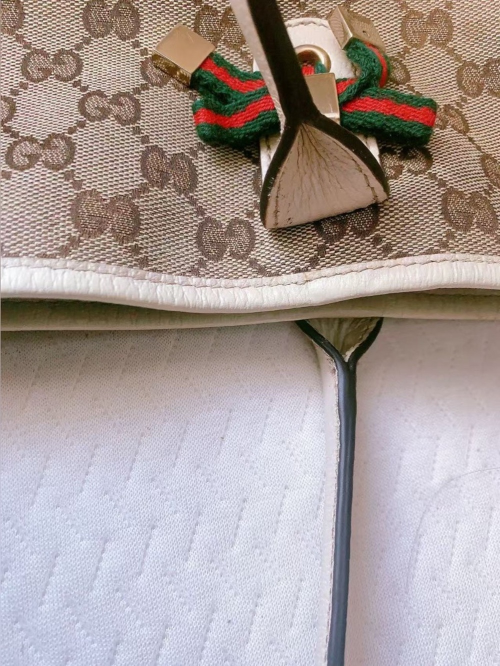 GUCCI GG Canvas Sherry Line Princy White Leather Tote Bag Shoulder Bag Authentic - Picture 10 of 14